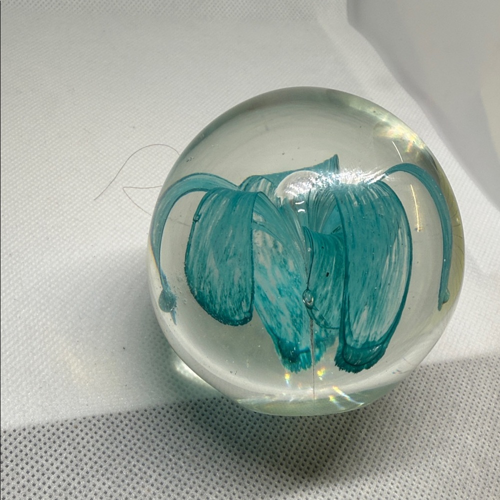Glass Art Paper Weight Sphere with Teal Floral Design 2 Inches Tall - Picture 3 of 11
